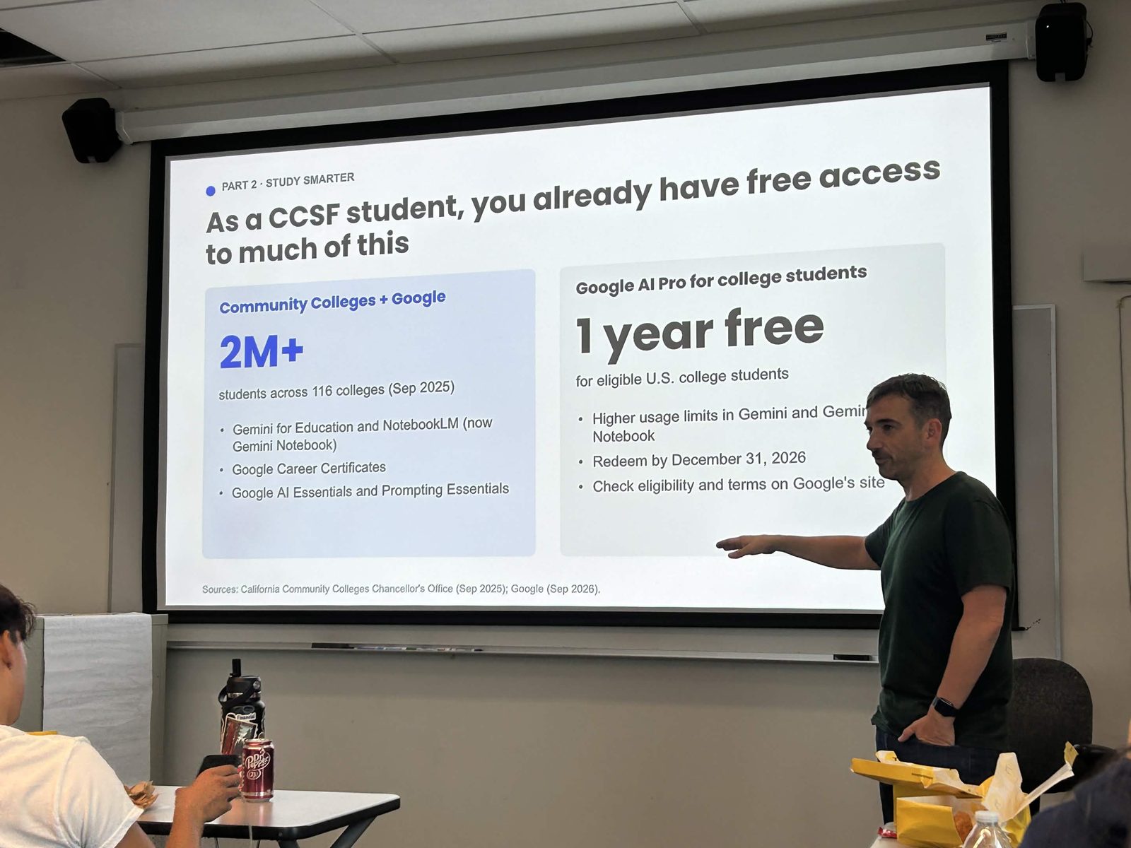 Luke Leonhard presents a slide on free Google AI access for CCSF students