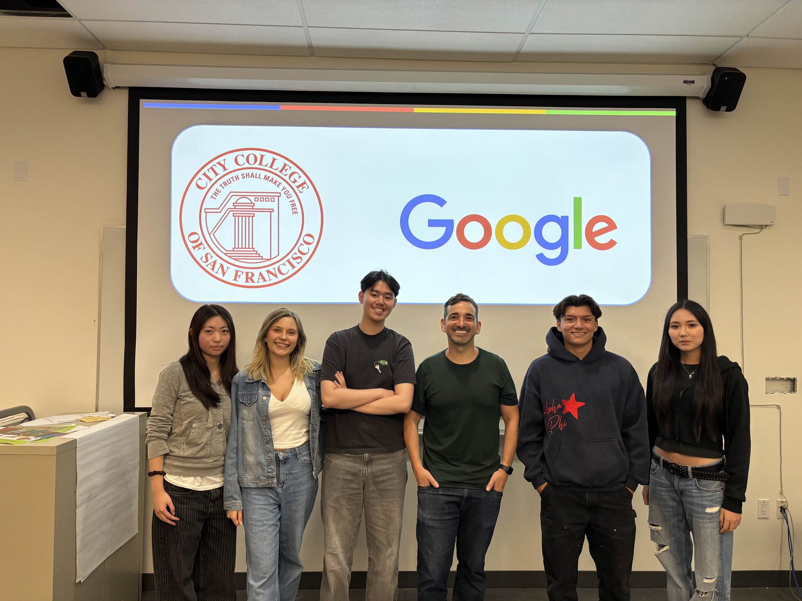 Group photo of ABG members with Luke in front of a City College of San Francisco and Google slide