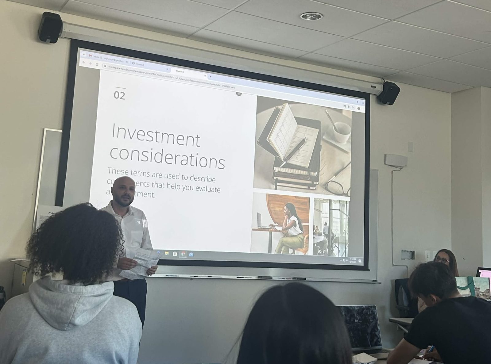 A speaker presents the “Investment considerations” section