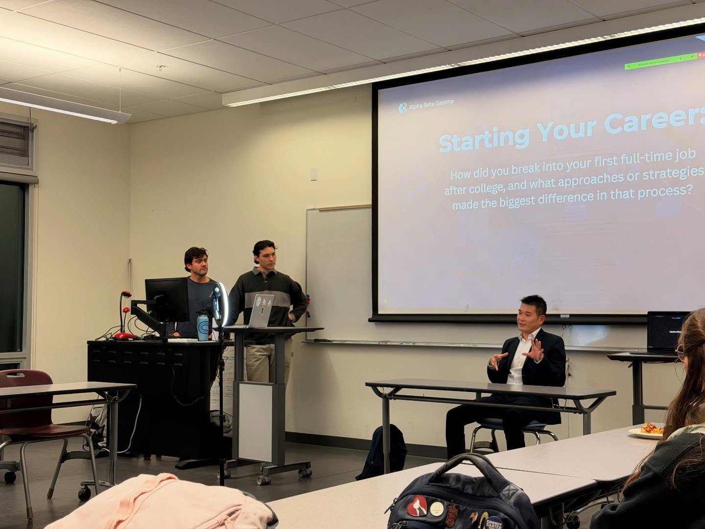 The panel answers a question shown on a slide titled 'Starting Your Career'