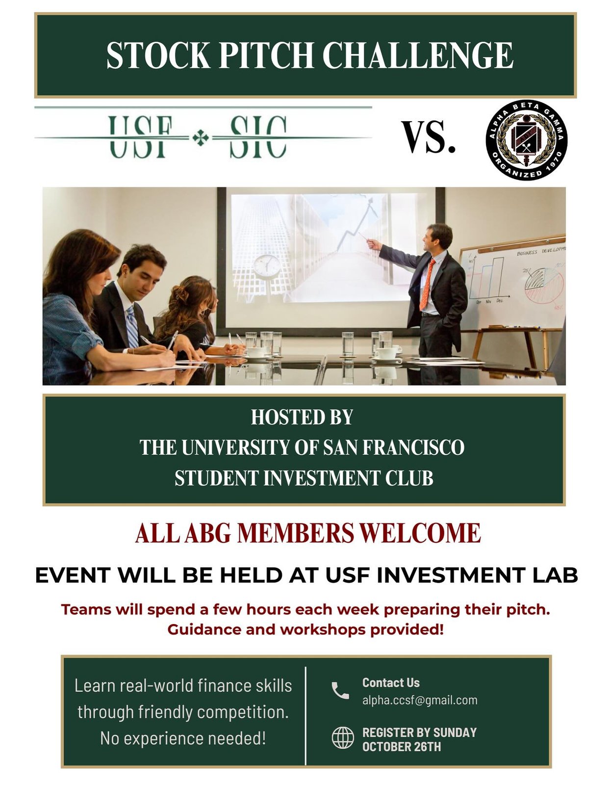 Event flyer: Stock Pitch Challenge, USF SIC vs. ABG, held at the USF Investment Lab
